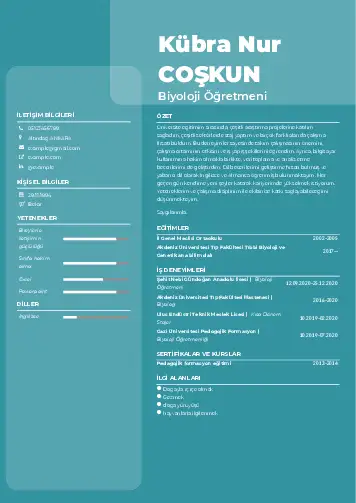 Biyoloji Öğretmeni CV Örnekleri cv indir